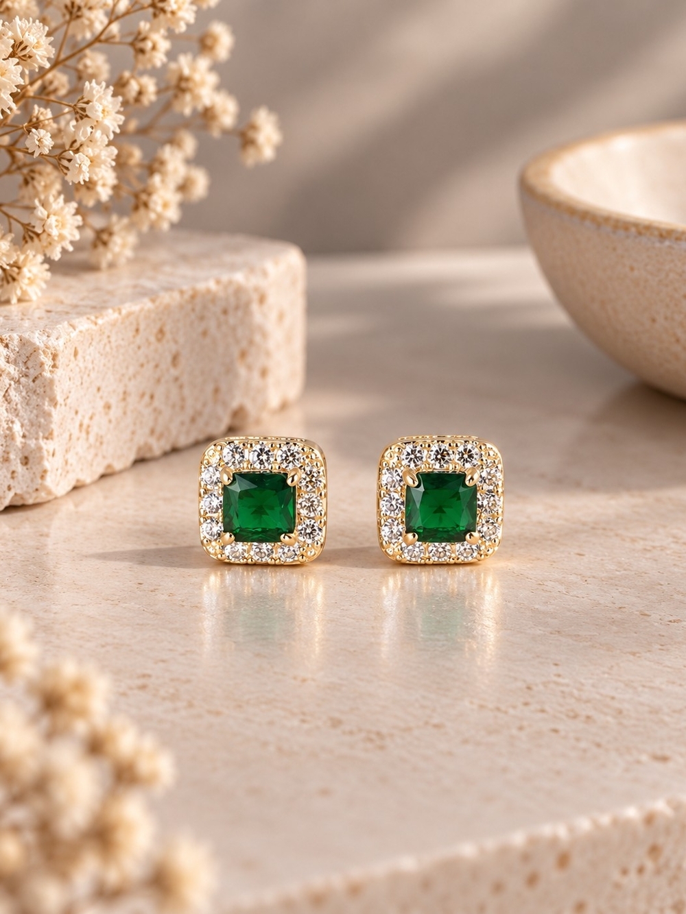 Deep Emerald Green Halo Stud Gold Earrings